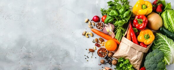 Wholesome assortment of fruits, vegetables, and nuts spilling out of a paper bag on a verdant green surface