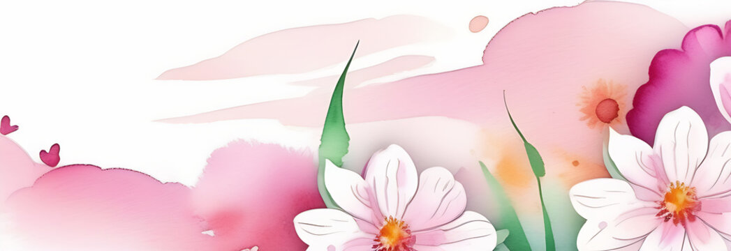 a banner with a watercolor image of beautiful spring flowers, copy space, pink pions