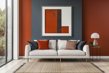 Minimalist living room with a bold abstract painting, depicting home decor and interior design concepts.