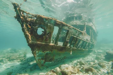 Papier Peint photo Naufrage A shipwreck is seen in the ocean with a lot of debris and fish swimming around it. Scene is eerie and mysterious, as the ship is long gone and the ocean is filled with life