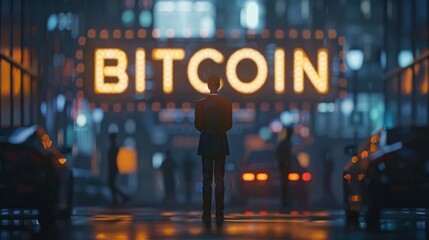 Illustration of a businessman standing behind the word "BITCOIN" generative ai