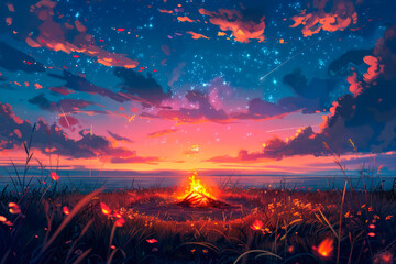 Bonfire on the shore of a lake or river at sunset under the starry sky
