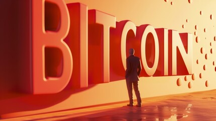 Illustration of a businessman standing behind the word "BITCOIN" generative ai