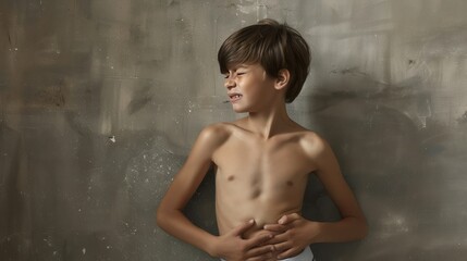 Young boy expressing discomfort while holding his abdomen, indicating stomach pain or digestive issues.
