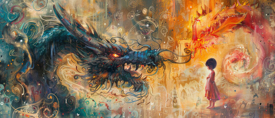 A majestic dragon encounters a child in a magical, glowing forest with lanterns and fantastic flora. Intended for illustrating fairy tales, designed to evoke a sense of wonder and magic.