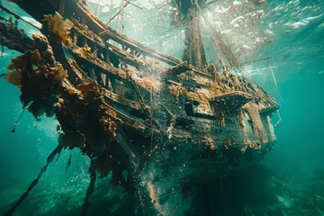 Poster A shipwreck is seen in the ocean with a lot of debris and fish swimming around it. Scene is eerie and mysterious, as the ship is long gone and the ocean is filled with life © Yuliia