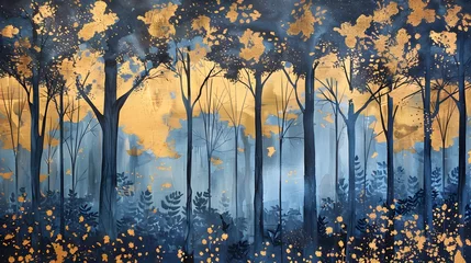 Tableaux ronds sur aluminium Mur chinois Golden and dark blue and trees painting . Great for wall art and home decor. 