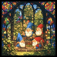 A captivating stained glass image featuring whimsical gnomes immersed in a world of enchantment and color.