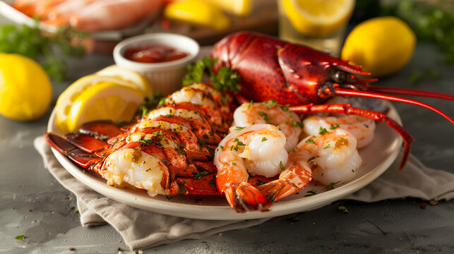 Photo of freshly caught seafood delicacies, including succulent shrimp, buttery lobster tails, and tender scallops, served with tangy lemon wedges and zesty cocktail sauce
