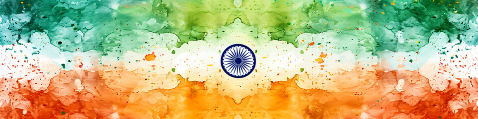 Watercolor Indian Tricolor flag background. Ashoka wheel. India Independence Day. Banner or greeting card design template - obrazy, fototapety, plakaty