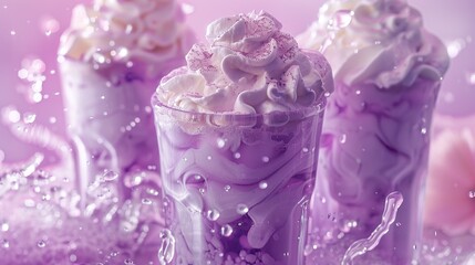 Three glasses of purple milkshake topped with whipped cream