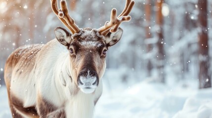 Snowflakes settling on the antlers of a reindeer in a wintry forest.