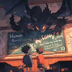 Unleash Your Imagination with this Charming Anime-Style Illustration of a School Classroom, Where Creature Kids Learn and Play.