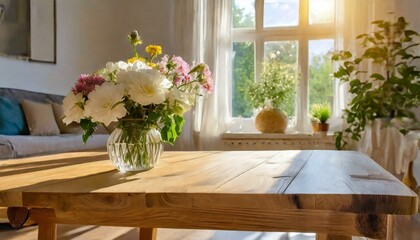 Fototapeta na wymiar Luminous Leisure: Sunlit Living Room with Wooden Table