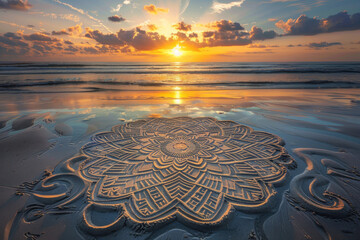 Sunrise Mandala on the Beach. Ocean waves meet a sandy beach mandala at sunrise. - obrazy, fototapety, plakaty