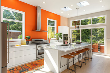 Sunny kitchen interior with vivid orange walls and a marble countertop. Ideal for home design and real estate showcases.