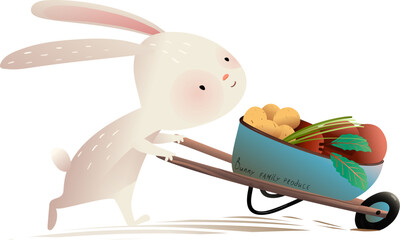 Rabbit or bunny push wheelbarrow with fresh vegetable produce, farmer animal character. Vegetarian rabbit cartoon for children. Vector isolated clipart illustration in watercolor style for kids. - 780090235