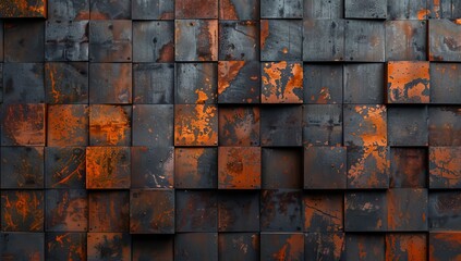 A wall of rusted metal cubes with dark orange and black textures, creating an industrial urban background.