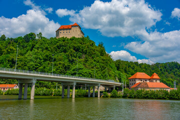 Rajhenburg castle overlooking Brestanica village and Sava river in Slovenia