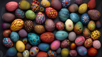 Colorful Easter Egg Collection. A vibrant array of decorated Easter eggs in various patterns and hues. - obrazy, fototapety, plakaty