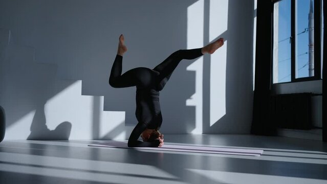 Morning Workout, Graceful Woman Performing Handstand And Split In Air In Fitness Studio, Keep Fit