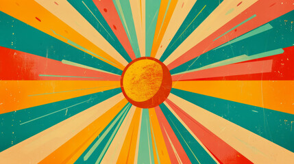 Vintage striped backdrop with a sun. Bright groovy poster or placard. Retro sunburst background. 70s old fashioned colorful radiate lines banner. Graphic design wallpaper element. Vector illustration