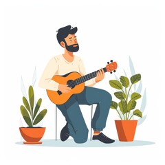 Illustration of a young man playing guitar for a houseplant in minimalist flat style. Love for nature and plants, greening, home comfort, urban jungle, hipster.