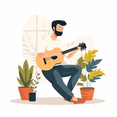 Illustration of a young man playing guitar for a houseplant in minimalist flat style. Love for nature and plants, greening, home comfort, urban jungle, hipster.