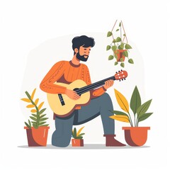 Illustration of a young man playing guitar for a houseplant in minimalist flat style. Love for nature and plants, greening, home comfort, urban jungle, hipster. - 780090886