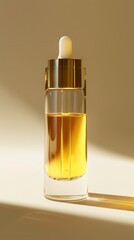 A luxurious glass bottle with a dropper containing oil for skin or hair. Advertisement for natural cosmetics