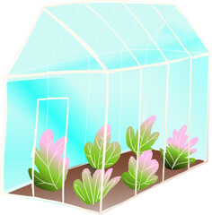 Cabbage or lettuce growing in greenhouse, fresh organic vegetable produce. Horticulture and gardening nursery glass house cartoon. Hand drawn vector clipart illustration in watercolor style. - 780091094