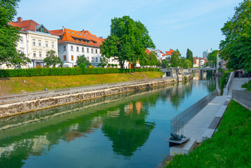 Fototapeta na wymiar Riverside of Ljubljanica river in Ljubljana, Slovenia