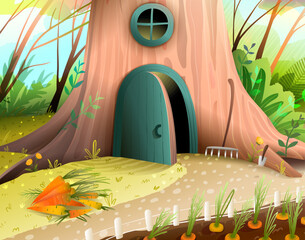 House in the forest tree with door and window. Carrots growing in vegetable garden in woods, empty background for children story. Vector book illustration for kids fairytale.