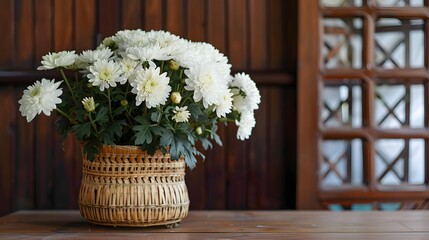 Fototapeta na wymiar White chrysanthemum flowers in a woven bamboo pot,Sumedang,Indonesia