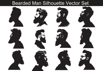 Bearded hipster men faces silhouette Vector set
