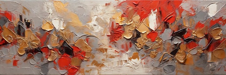 Oil painting with abstract geometric shapes in red, gray and gold colors in boho style using palette knife, art painting texture background