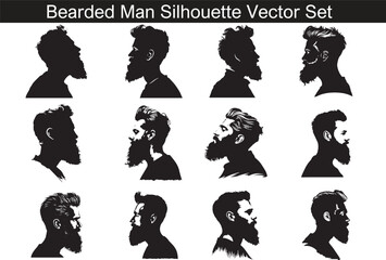 Bearded hipster men faces silhouette Vector set