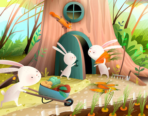 Rabbit or bunny family gardening together, autumn vegetable harvest and produce. Forest animals tree house and garden fairytale for children. Vector book illustration for kids story about rabbits. - 780091648