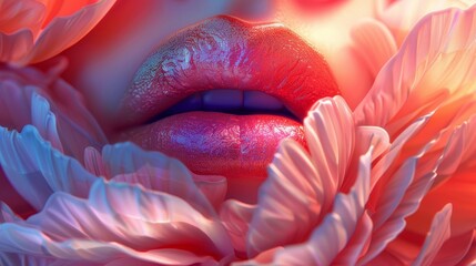 Close-up of sensual lips amidst floral petals - obrazy, fototapety, plakaty