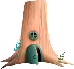 Tree house with door and window for fairytale. Tree trunk with door and window, home element for children animals story. Hand drawn vector cartoon in watercolor style for kids tale.