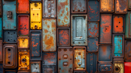 Rusty and colorful old rusty metal panel background. Selective focus.