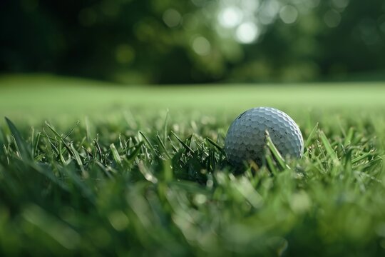 golf ball on lip of cup. Golf ball on green grass in golf course. Beautiful simple AI generated image in 4K, unique.