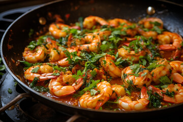 Shrimp with herbs. healthy kitchen. Close up. Generative AI tools