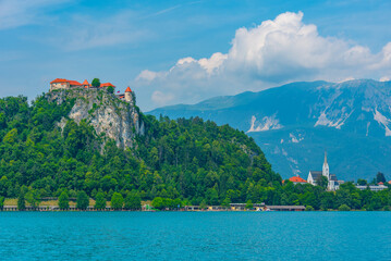 Saint Martin church and Bled castle in Slovenia