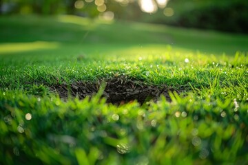 golf ball on lip of cup. Golf ball on green grass in golf course. Beautiful simple AI generated image in 4K, unique.