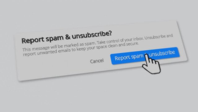 The mouse pointer clicks the report spam and unsubscribe button on the device screen. Concept of keeping the mailbox clean and tidy to prevent hacker attacks. 