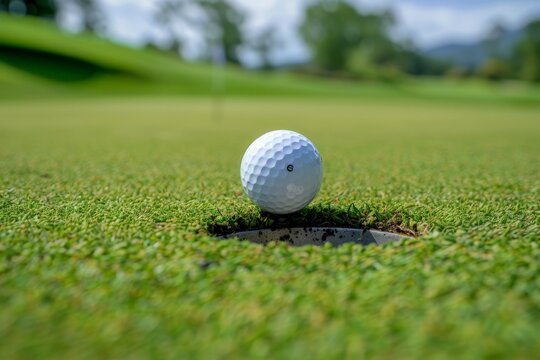 Golf ball on grass green putt in course. Beautiful simple AI generated image in 4K, unique.