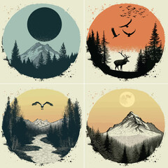 Four different vector illustrations showing nature scenes in circular frames.