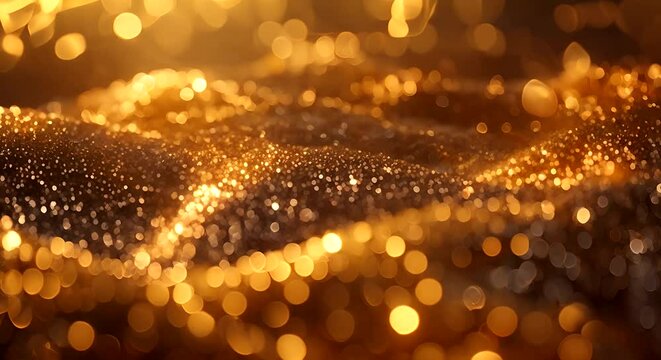 A detailed view of a shiny gold glitter background, capturing its sparkle and texture up close