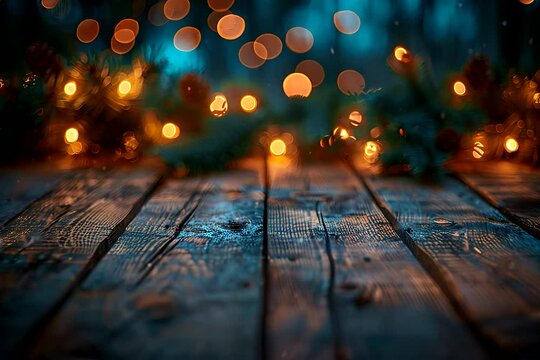 A wooden table is covered with numerous bright lights, creating a dazzling display of illumination